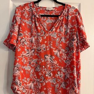 LOFT Salmon Patterned Short Sleeve Blouse